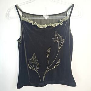 Y2K 90s XOXO Velvet Ruffle Trim Floral Embroidered Tank Top L Dark Green